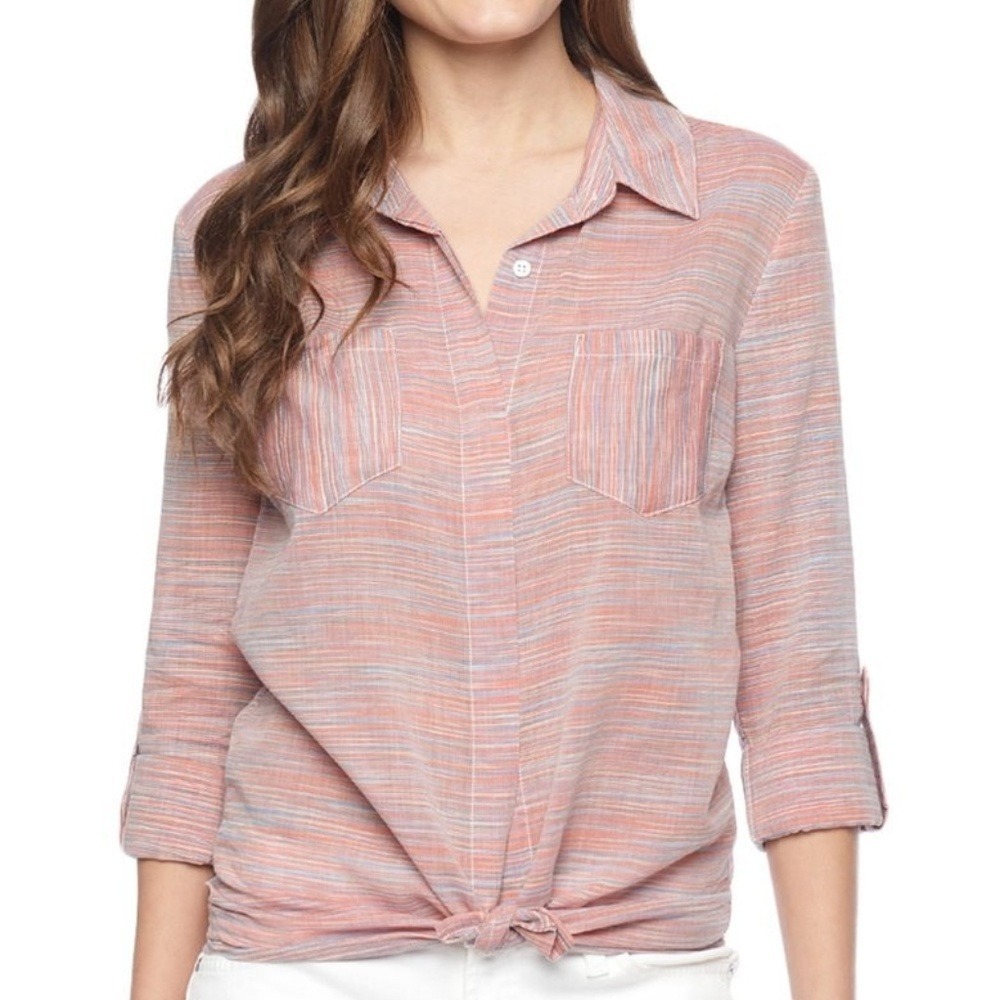 Splendid Women M Capri Henley Button Down Shirt Long Sleeve Blouse Pink Multi